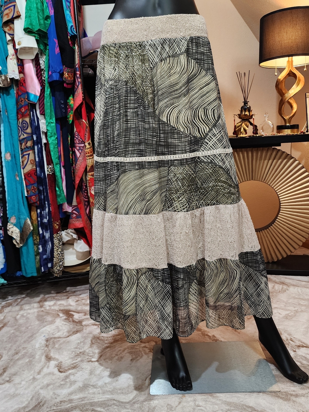 Lapis Black and Olive Tiered Midi Skirt